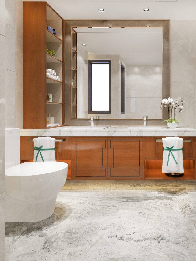 3d rendering modern design and marble tile toilet and bathroom with shelf
